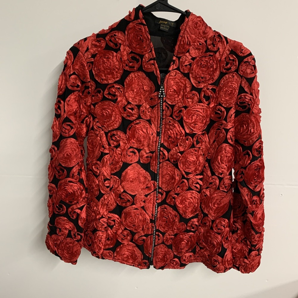 Jerry T Jacket Womens Size Small Red Rose Ribbon Front‎ Zip Up Jewels Coat Top